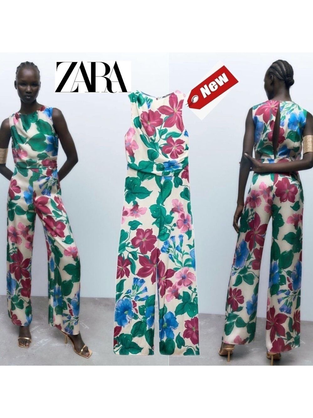 Zara floral flower print satin effect sleeveless jumpsuit Sz S NWT tropical
